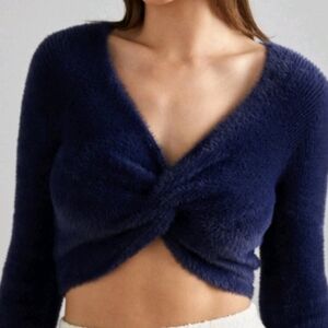 Aerie Fluffy-4-Ever Twist Sweater Cropped Fuzzy Crisscross Plunge V-neck blue XL